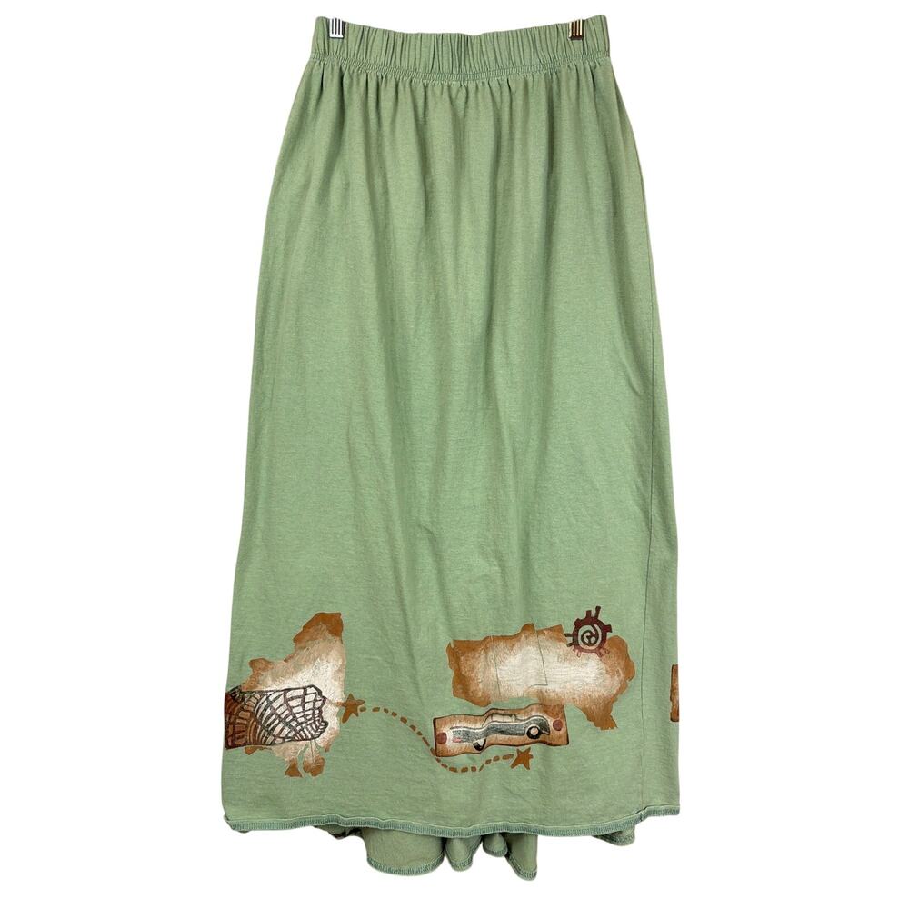 Blue Fish Green Stretch Waist Hand Printed Maxi Skirt Size 2 LG XL USA
